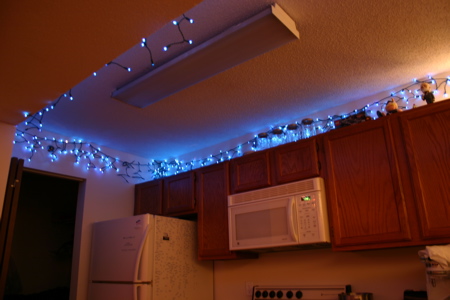 Kitchen lit by blue lights